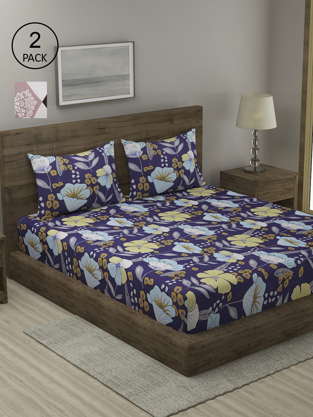 

TAG 7 Navy Blue & White Floral 210 TC 2 King Bedsheets with 4 Pillow Covers