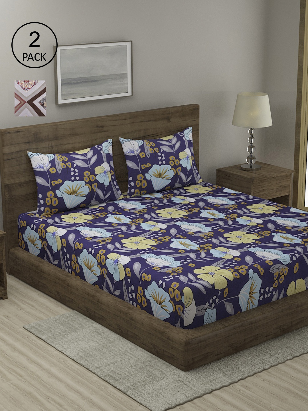 

TAG 7 Blue & Maroon Floral 210 TC 2 King Bedsheet with 4 Pillow Covers