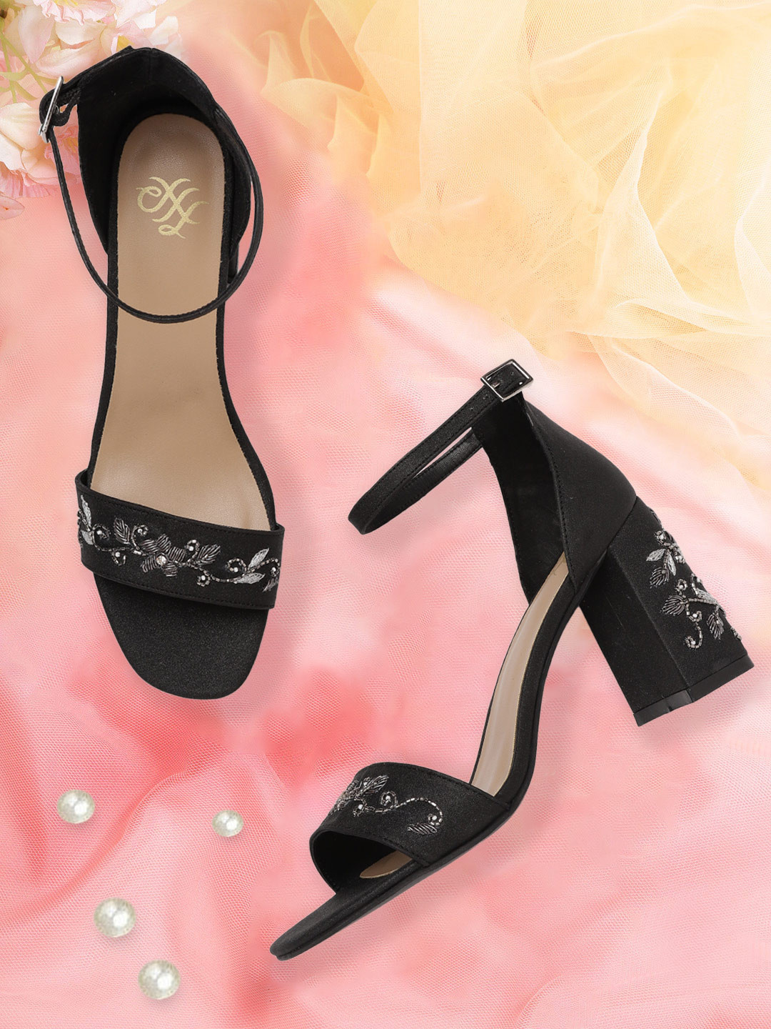 

House of Pataudi Black & Silver-Toned Embellished Handcrafted Block Heels