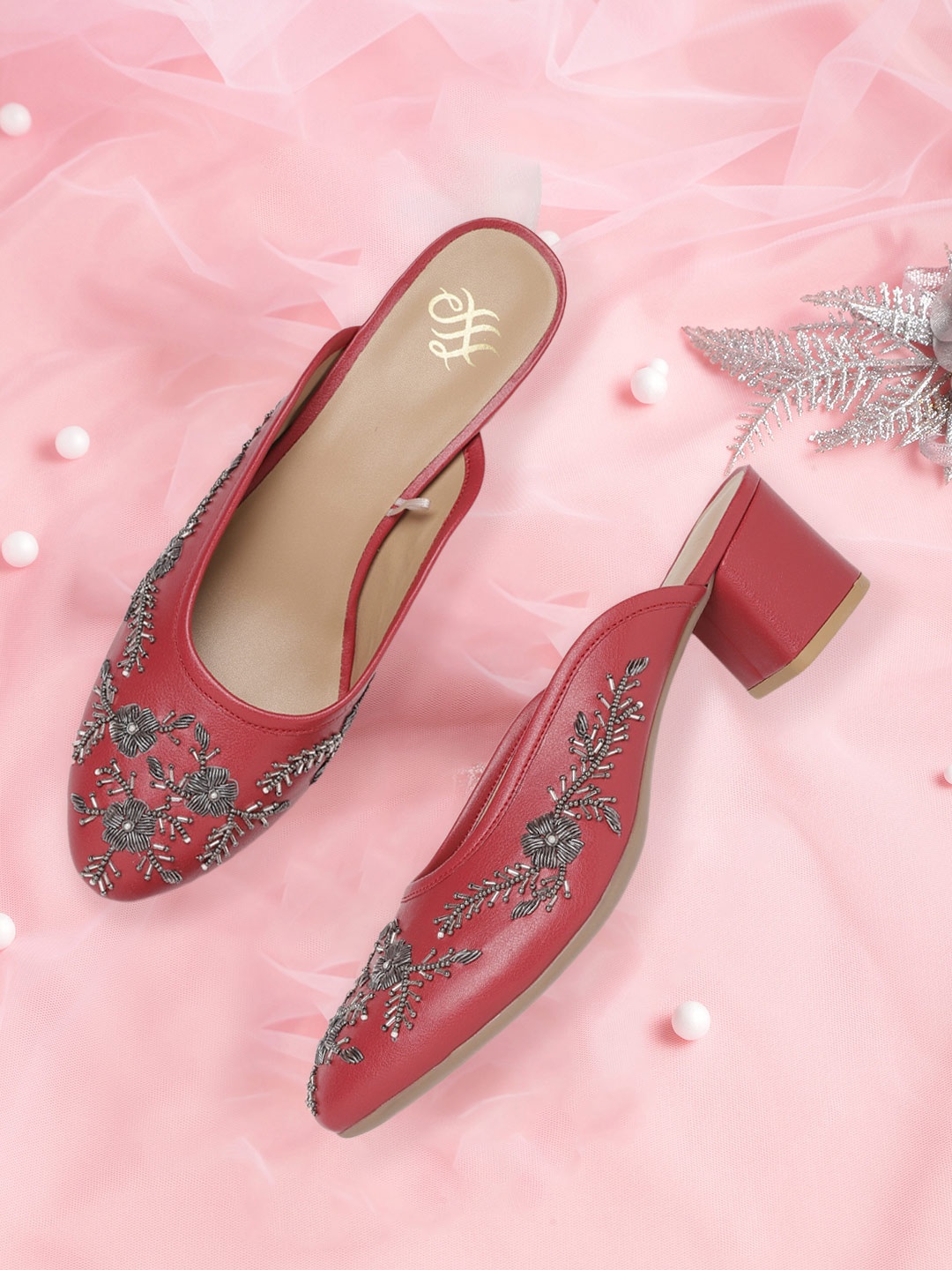 

House of Pataudi Maroon & Silver-Toned Embellished Handcrafted Heeled Mules