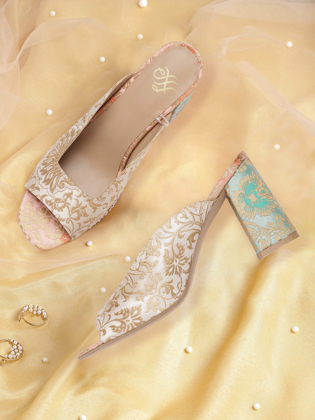 

House of Pataudi Off White & Gold-Toned Woven Design Handcrafted Block Heels