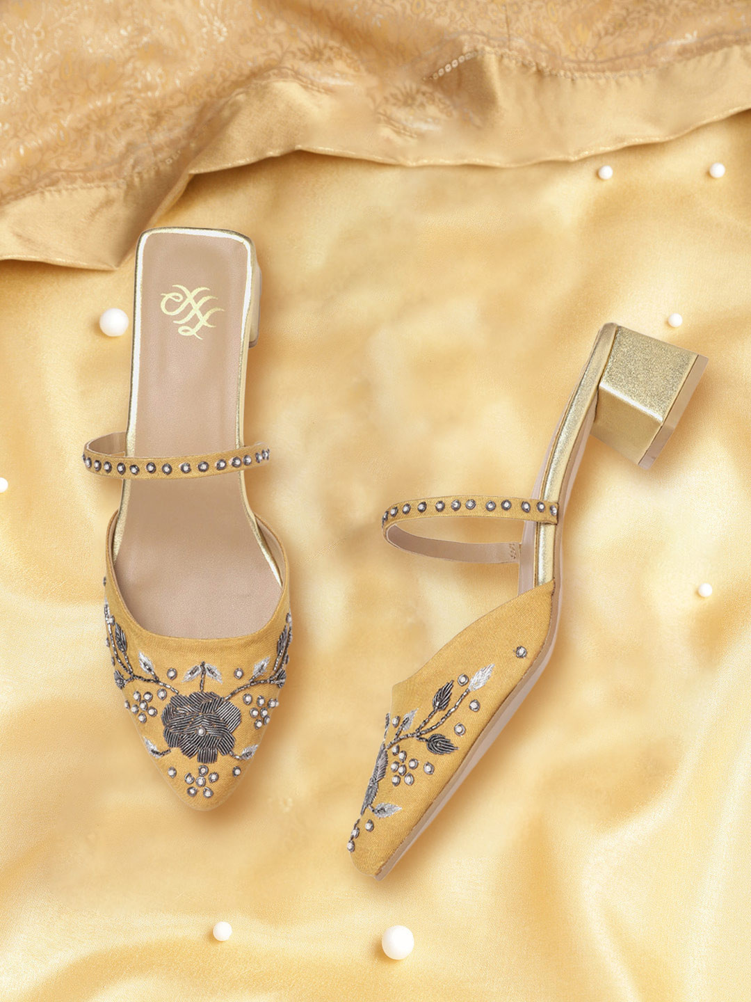 

House of Pataudi Mustard Yellow & Silver-Toned Embellished Handcrafted Block Heels