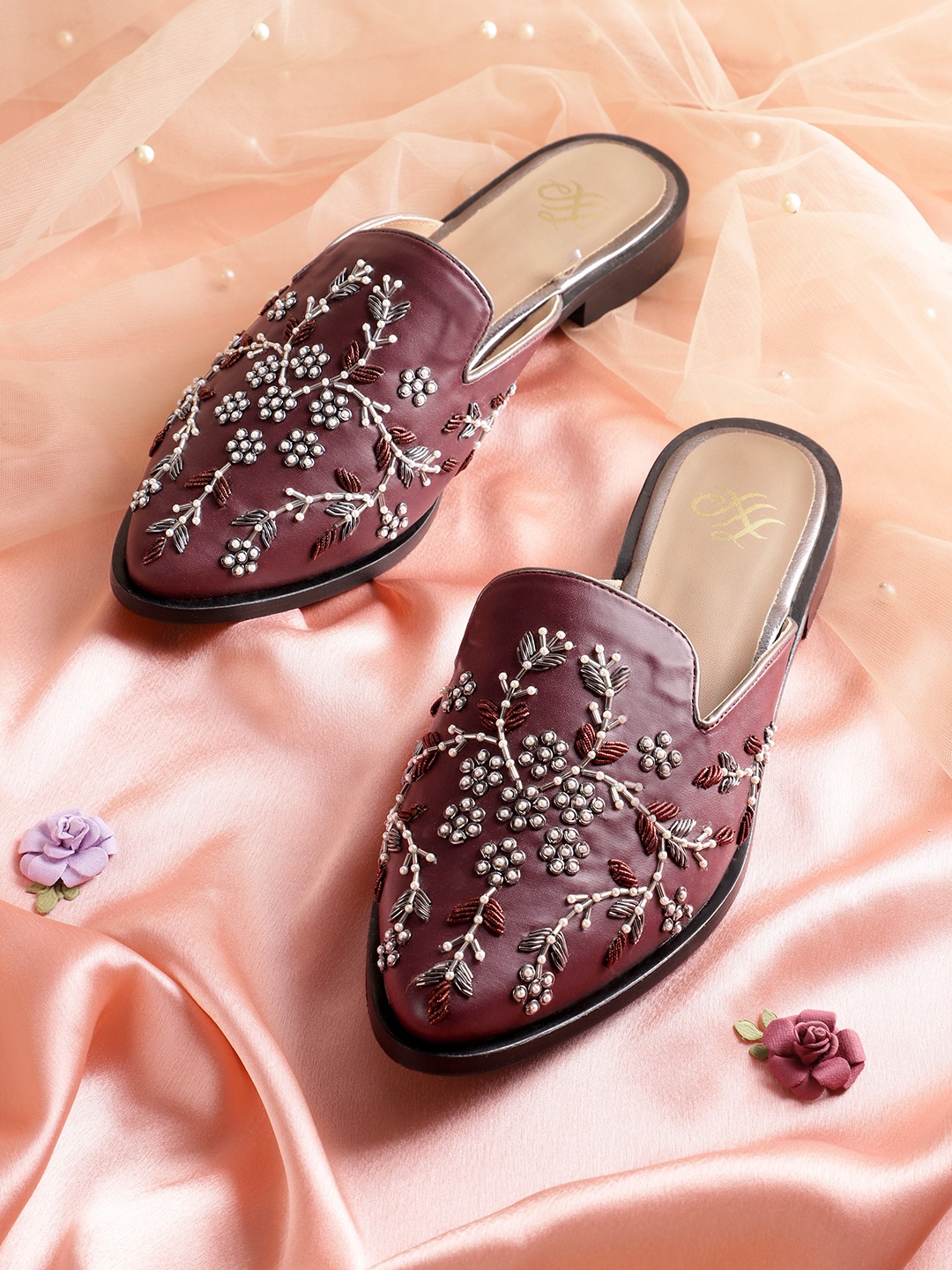 

House of Pataudi Women Burgundy & Silver-Toned Handcrafted Embellished Mules