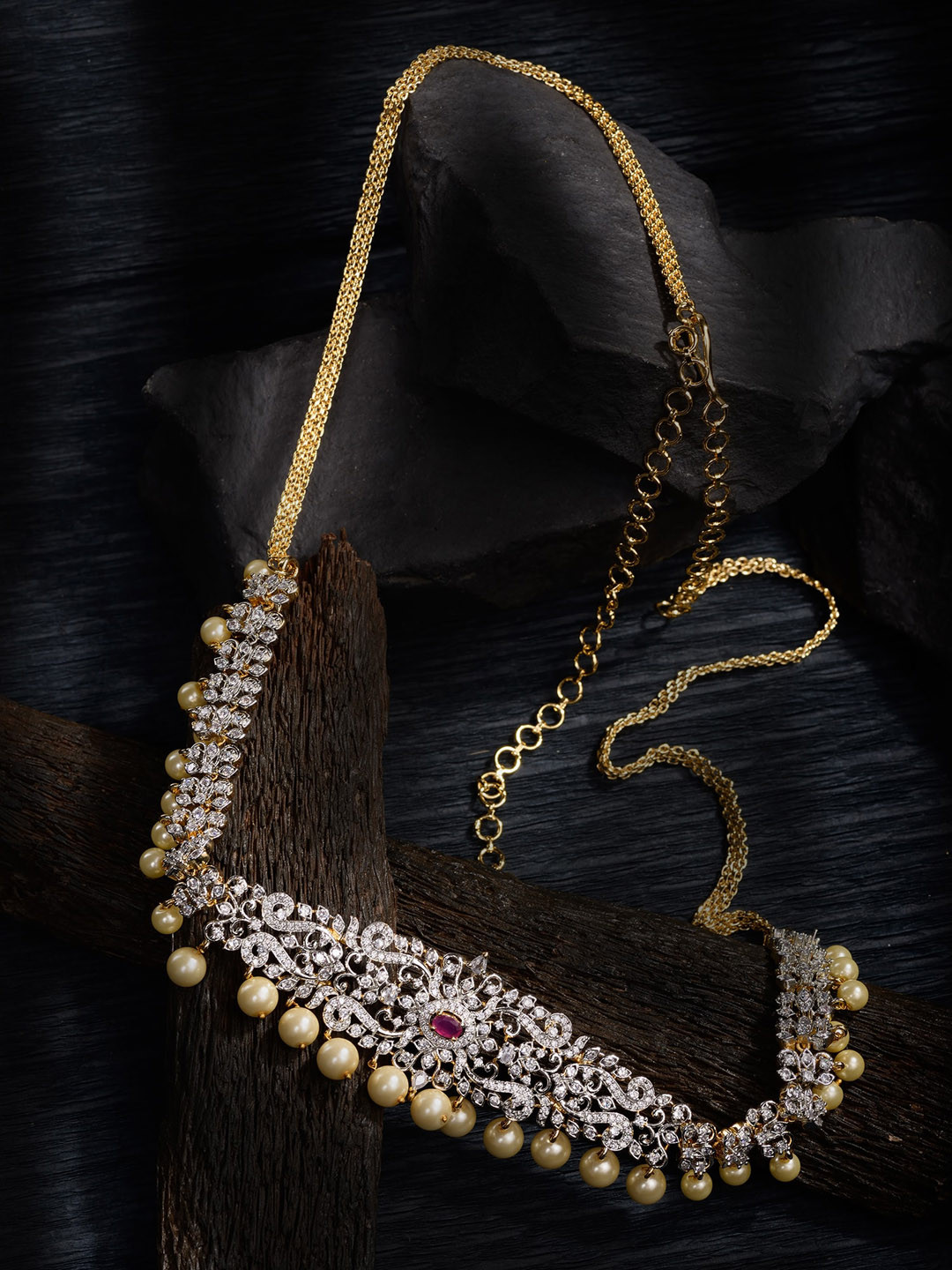 

Saraf RS Jewellery Gold-Plated Pink & Off-White CZ-Studded & Pearls Beaded Floral Motif Kamarbandh