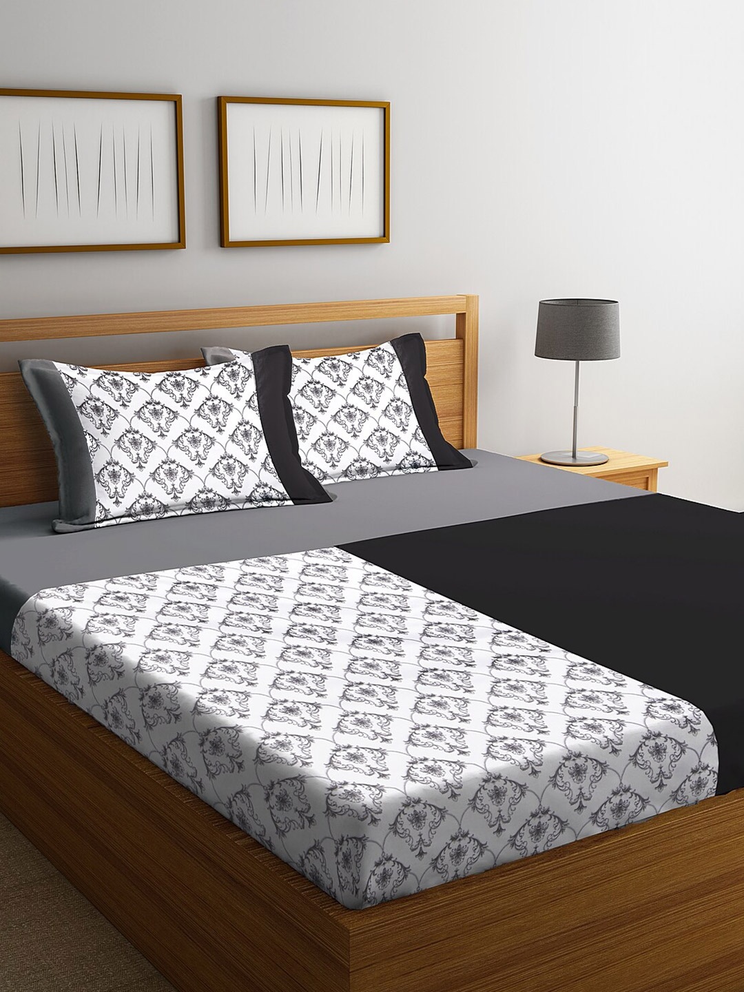 

DECOREALM Black & Grey Printed Cotton 300 TC Single Bedsheet with 2 Pillow Covers