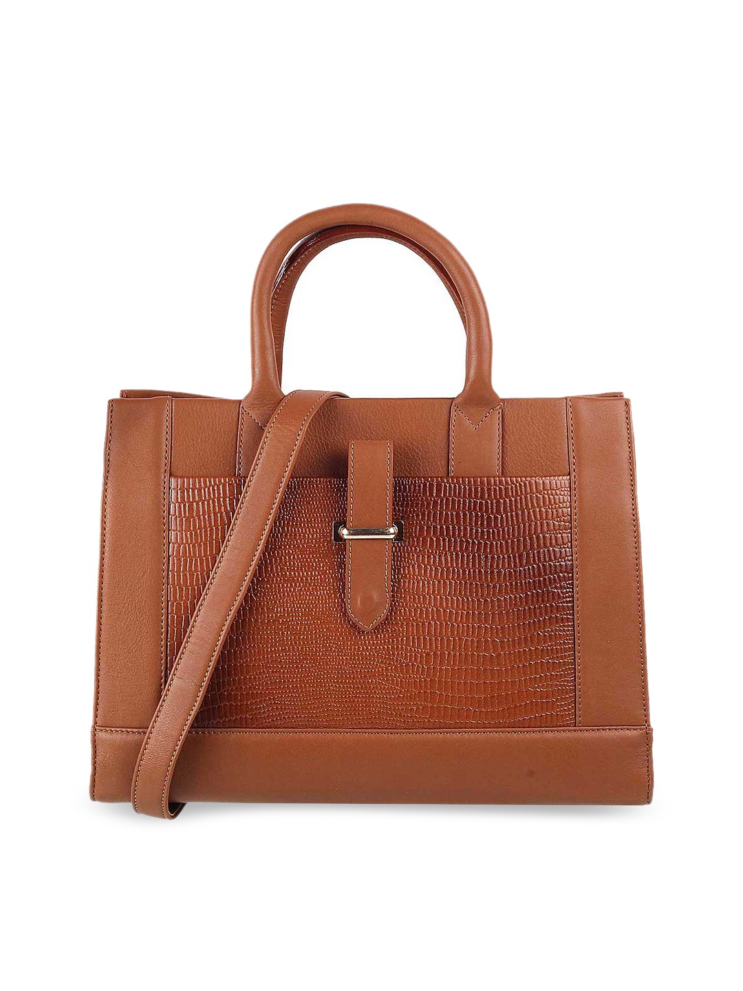 

Metro Tan Animal Textured Leather Structured Handheld Bag with Cut Work