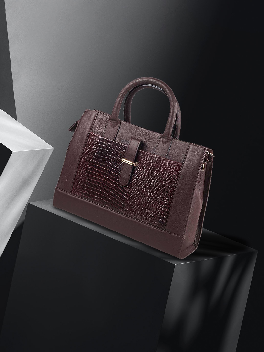 

Metro Brown Animal Textured Leather Structured Tote Bag With Cut Work