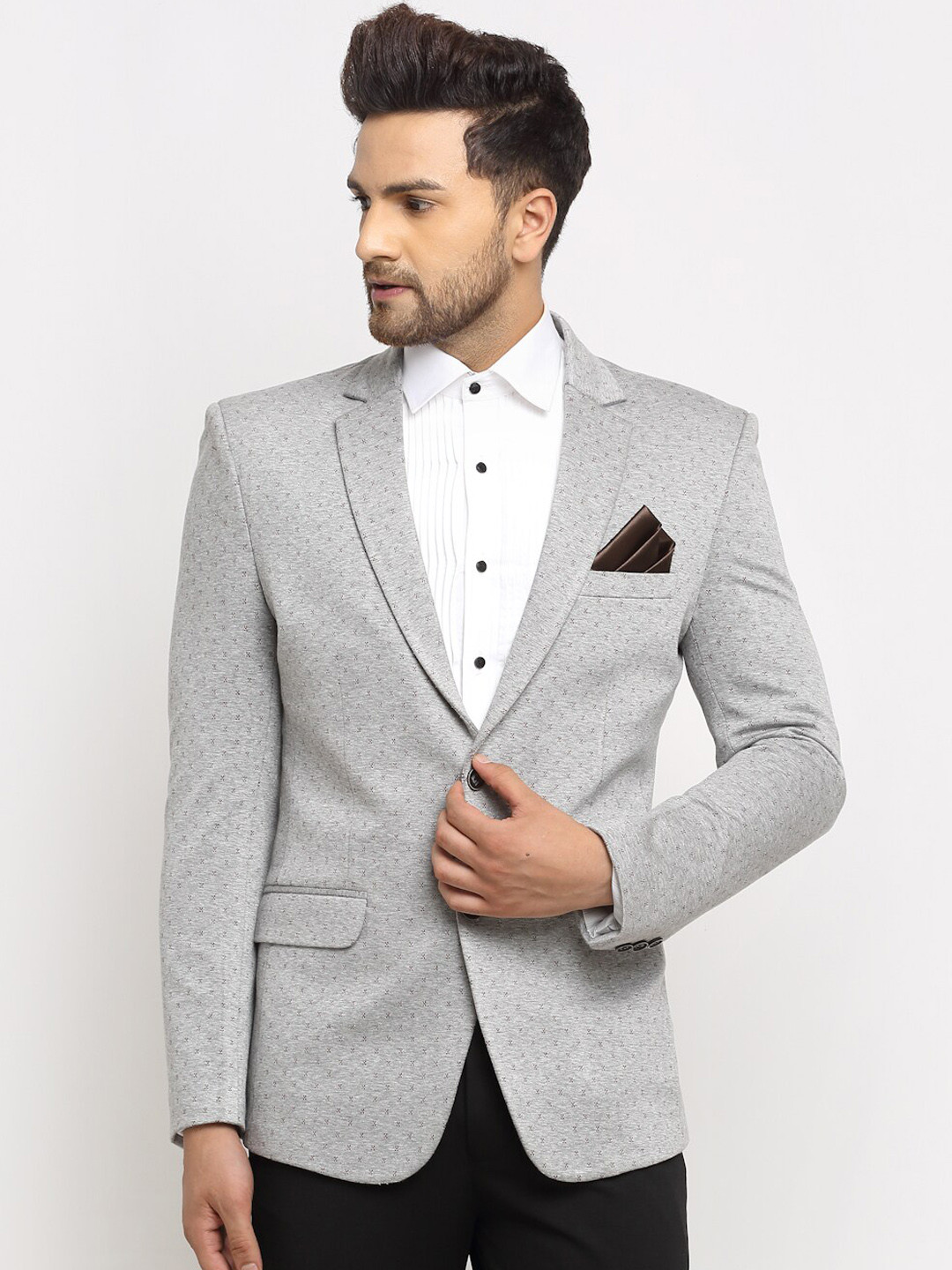 

LUXURAZI Men Grey & Red Printed Single Breasted Blazer
