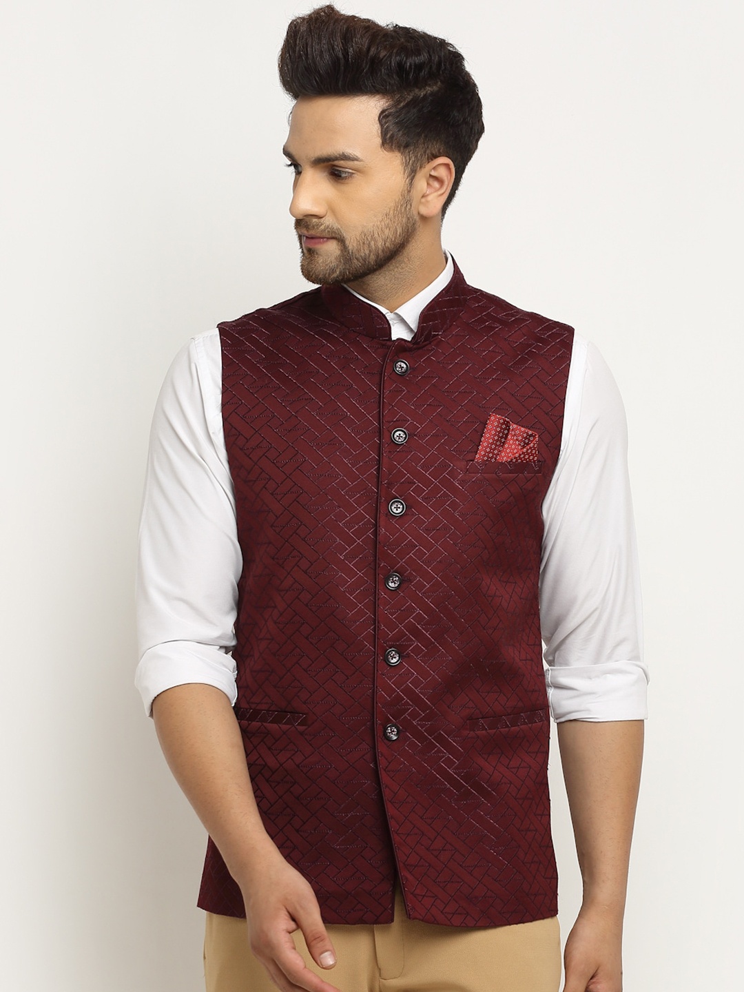 

LUXURAZI Men Maroon Woven Design Waistcoat