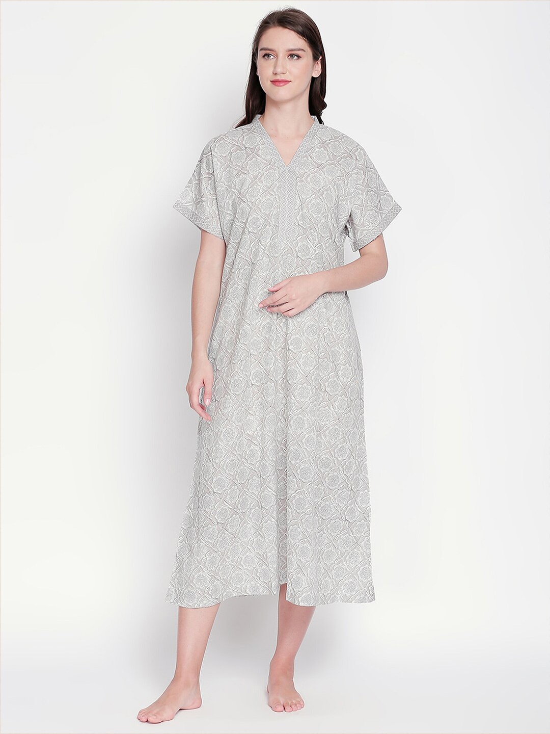 

RANGMANCH BY PANTALOONS Grey Printed Pure Cotton Maxi Nightdress