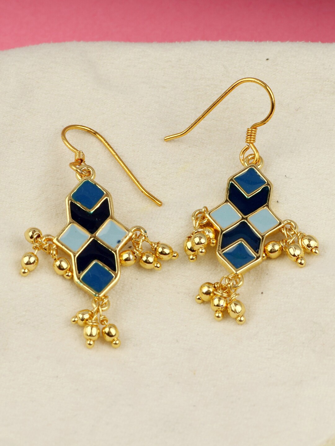 

Silgo Gold-Plated & Blue Meenakari Contemporary Drop Earrings