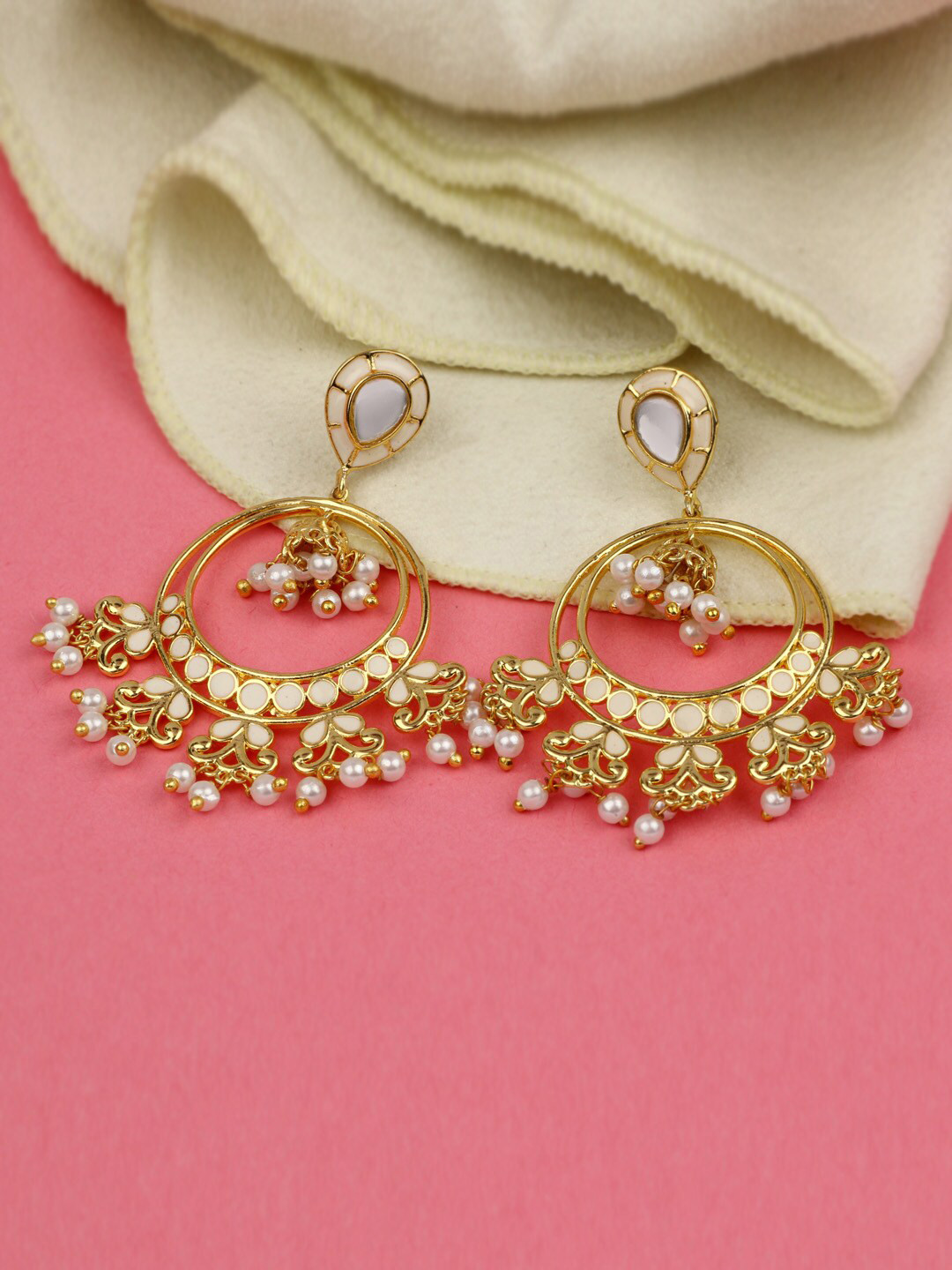 

Silgo Gold-Toned & White Circular Drop Earrings