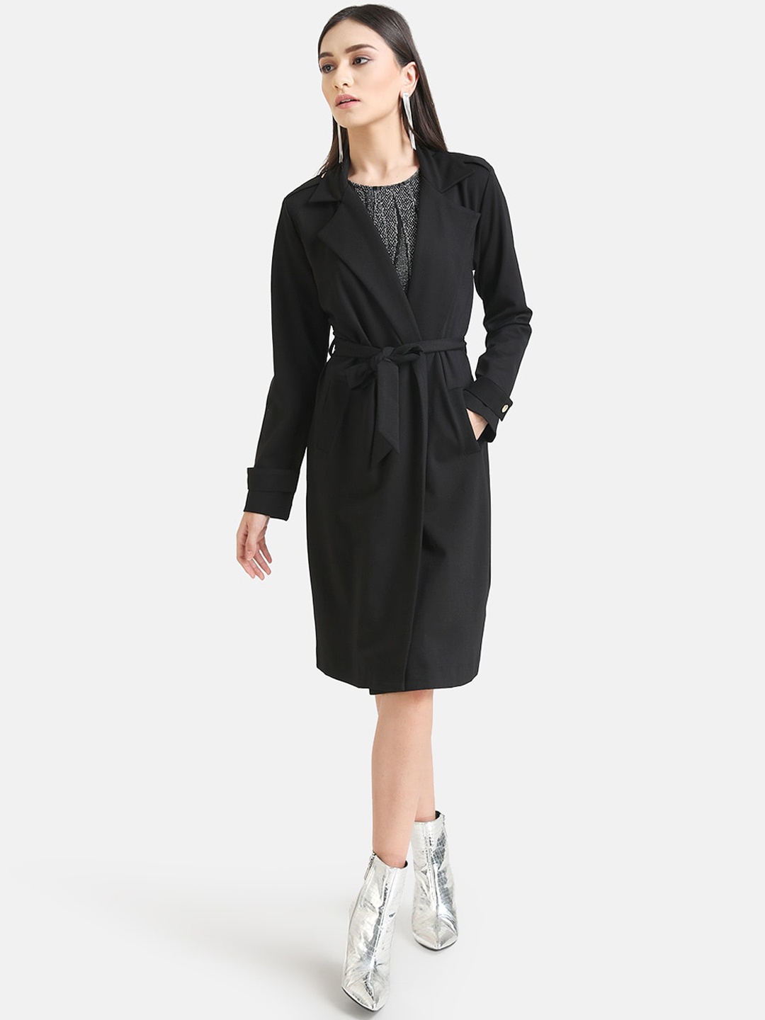

Kazo Women Black Solid Longline Belted Trench Coat