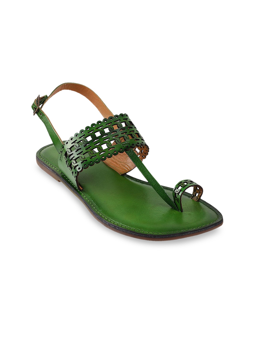 

Metro Women Green T-Strap Leather Flats with Laser Cuts