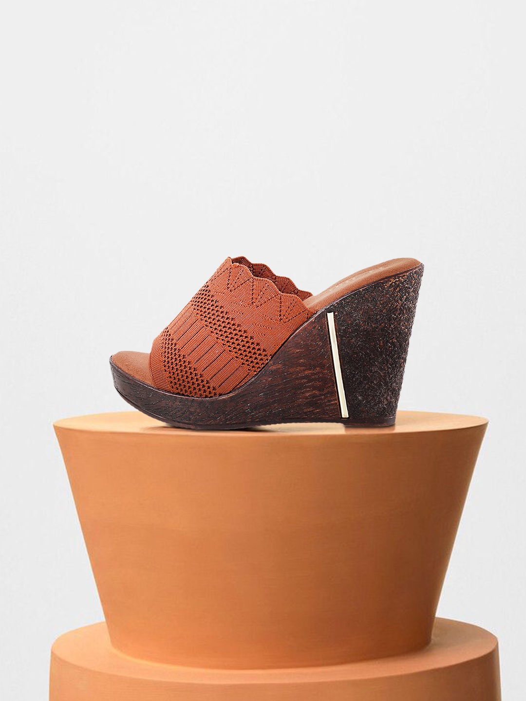 

Metro Women Tan Woven Design Wedge-Heel Mules