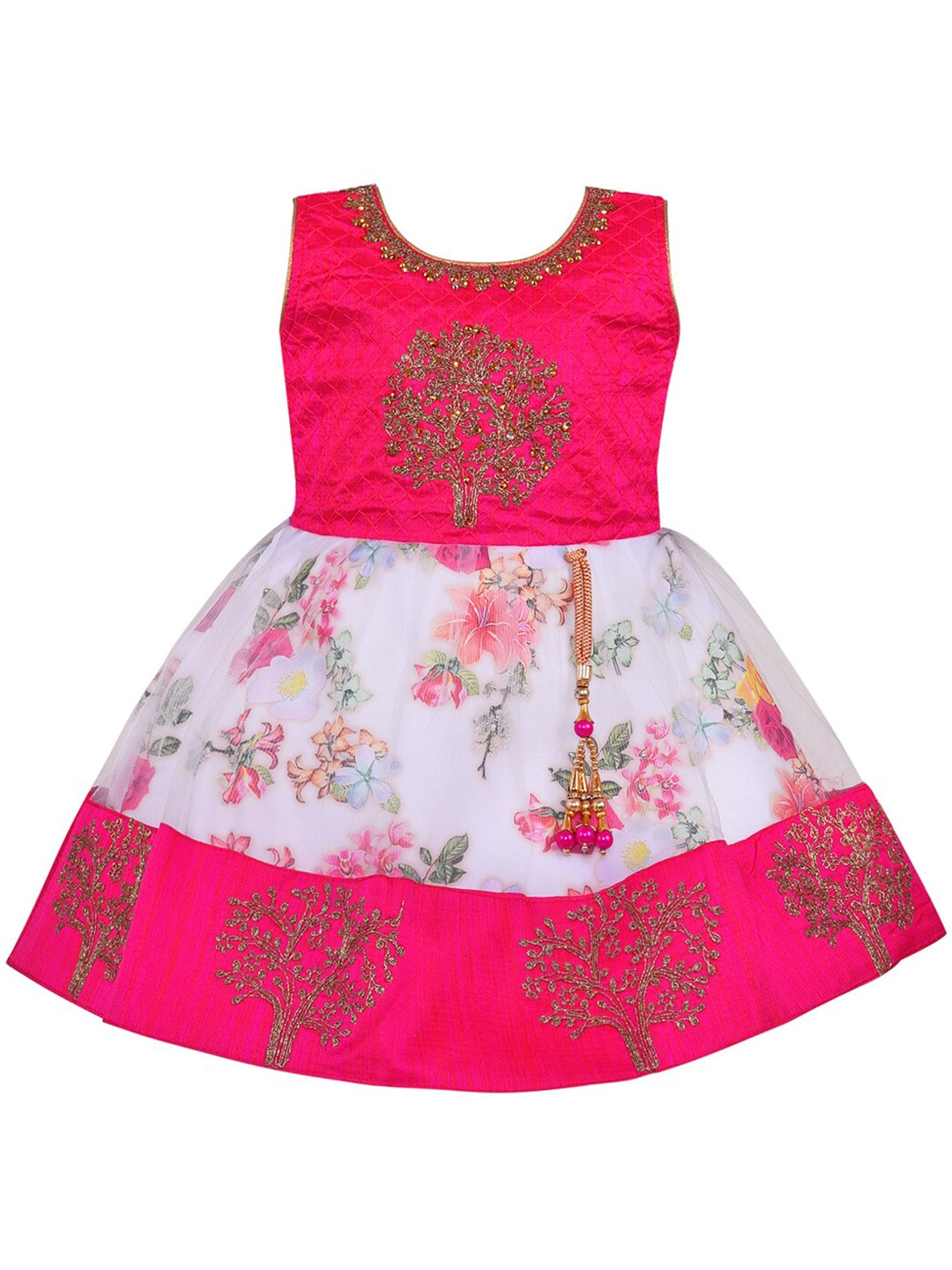 

Wish Karo White & Pink Floral Embroidered & Printed Satin Fit & Flare Dress