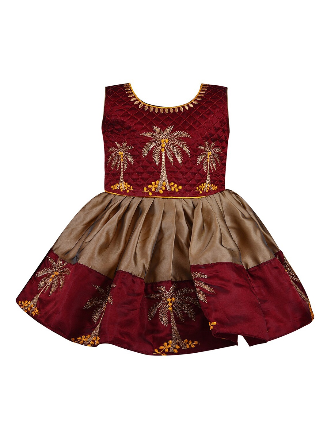 

Wish Karo Maroon & Beige Floral Embroidered Satin Dress