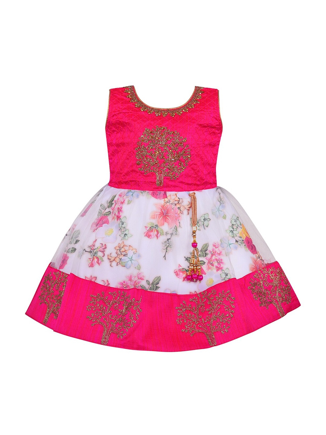 

Wish Karo White & Pink Floral Embroidered & Printed Satin Fit & Flare Dress