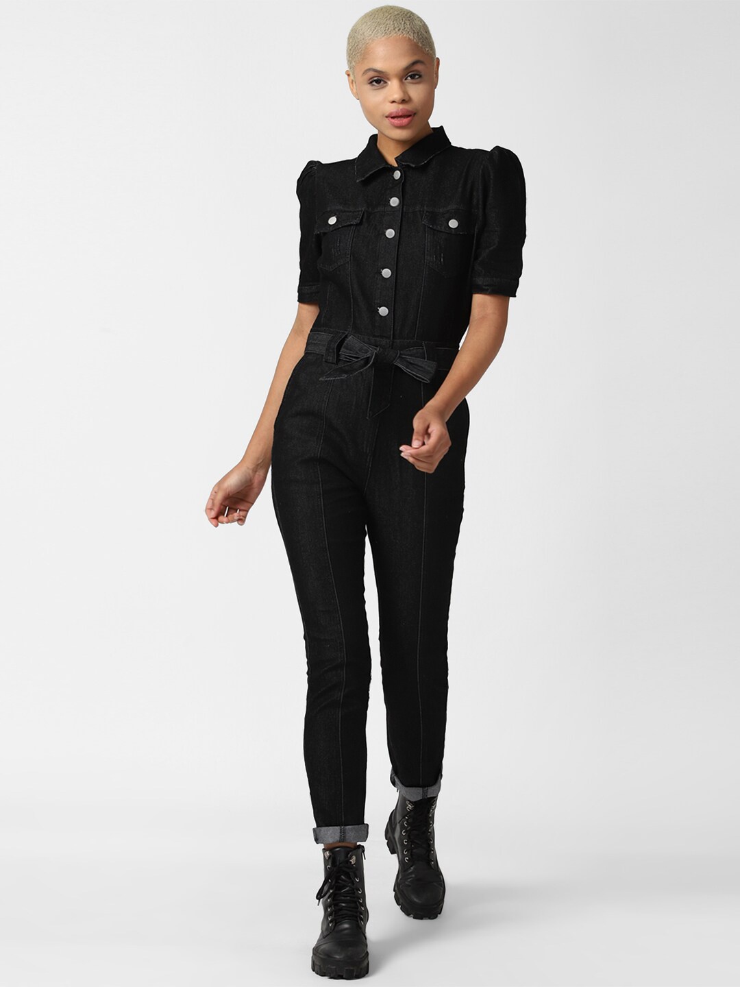 

FOREVER 21 Black Denim Button-Up Basic Jumpsuit