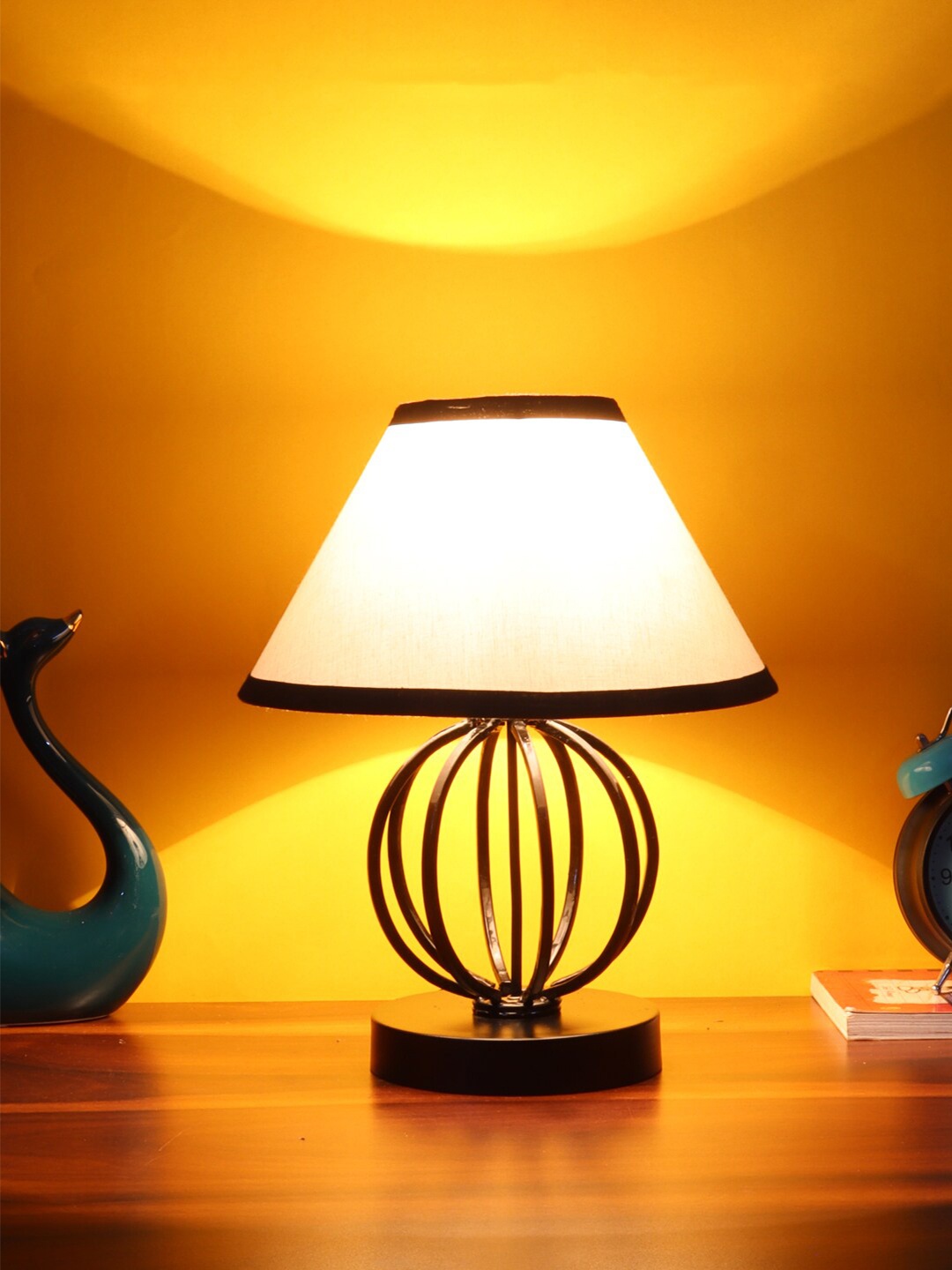 Devansh White & Black Cotton Table Lamp With Iron Base