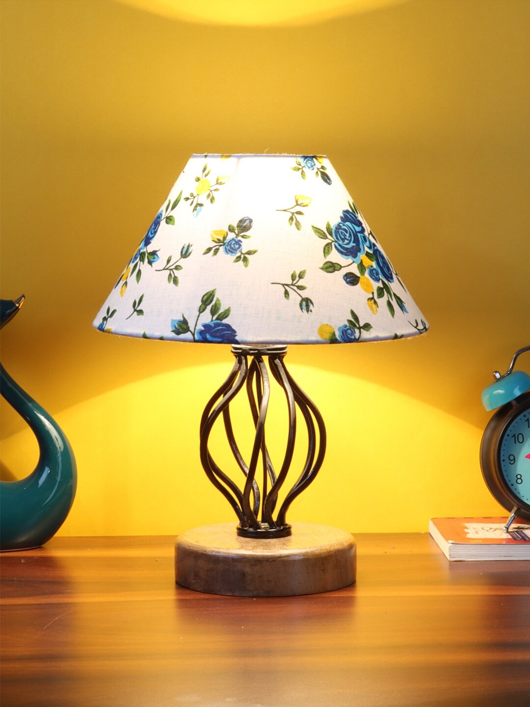 Devansh White & Blue Printed Cotton Table Lamp With Wood & Iron Base