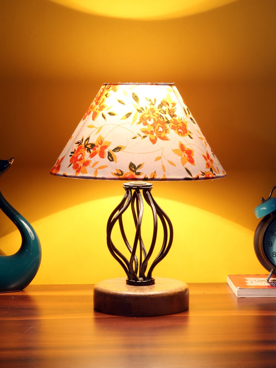 

Devansh White & Orange Printed Cotton Table Lamp With Wood & Iron Base