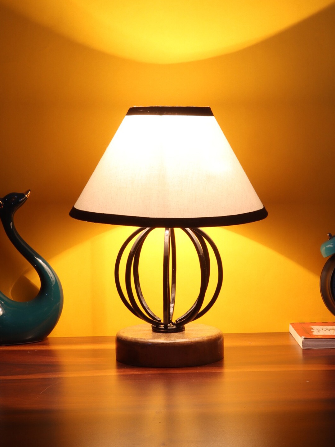 Devansh White & Black Cotton Table Lamp with Wood & Iron Base