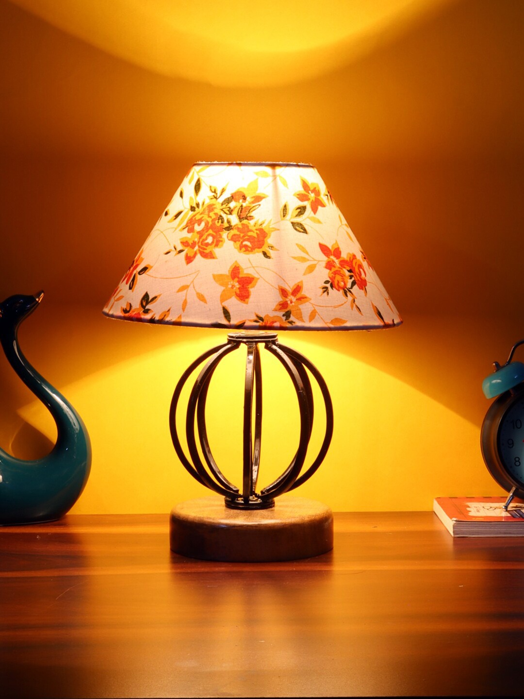 Devansh Multicoloured Printed Cotton Table Lamp With Wood & Iron Base, Multi
