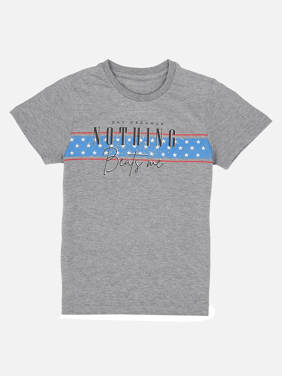 

PROTEENS Boys Grey & Blue Typography Printed Cotton T-shirt
