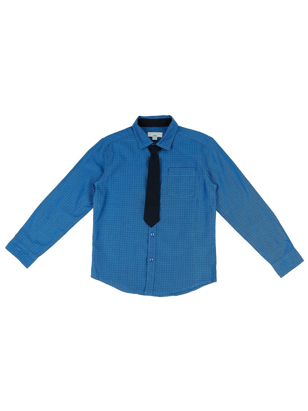 

Pantaloons Junior Boys Blue Cotton Textured Casual Shirt With Navy Blue Solid Tie