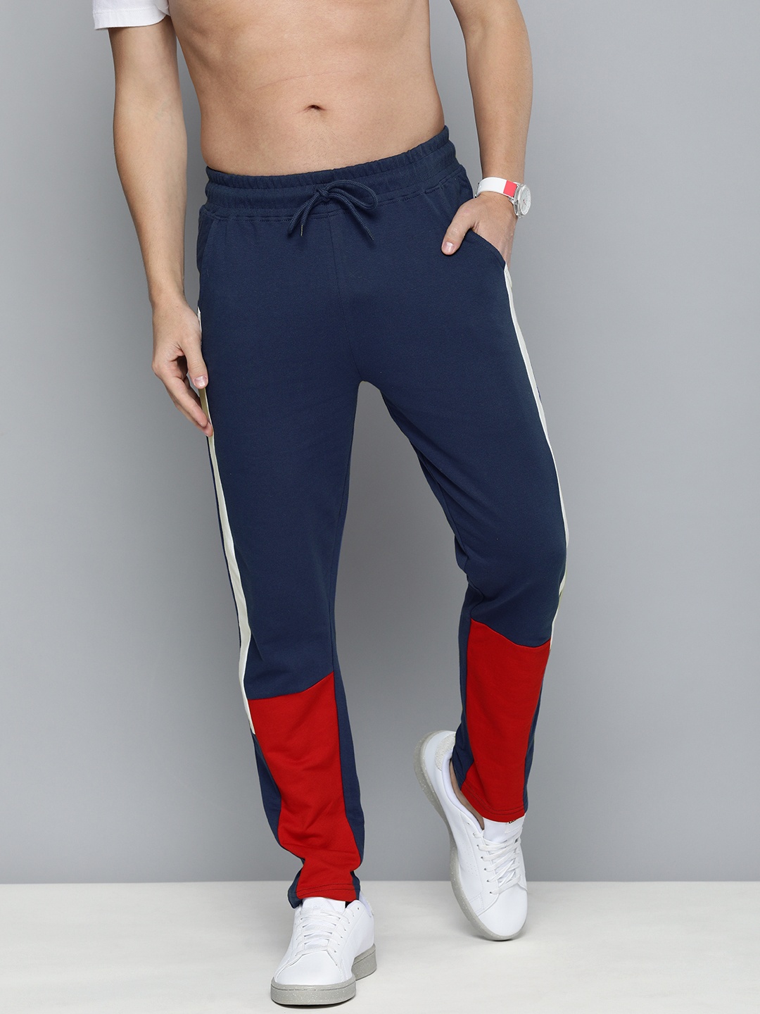 

HERE&NOW Men Navy Blue & Red Colourblocked Joggers