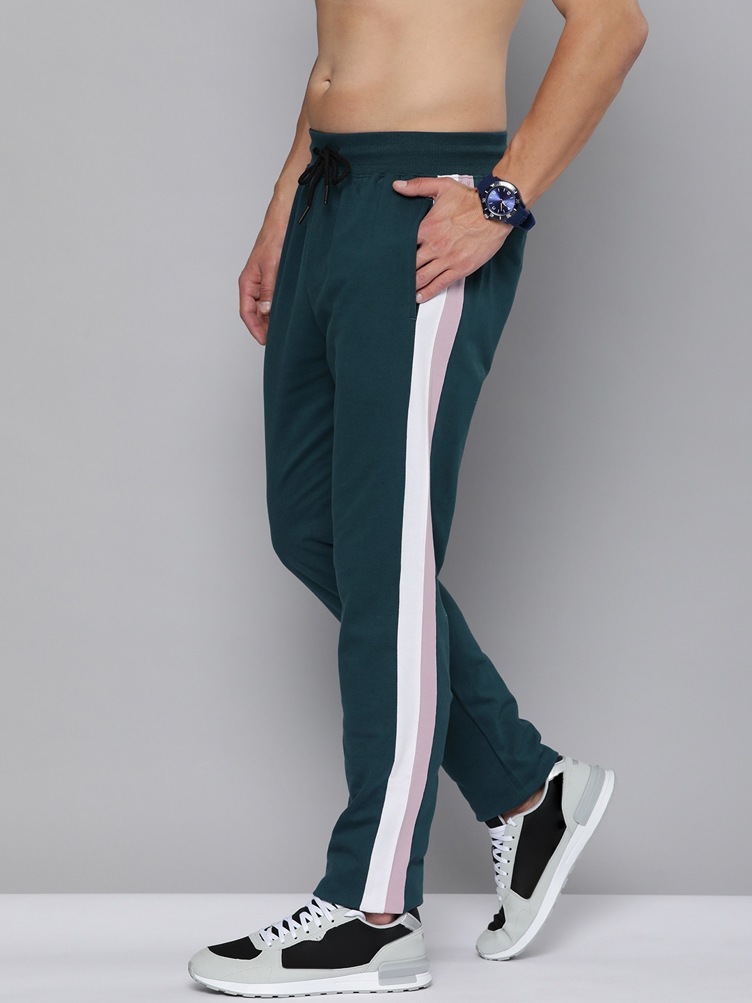 

HERE&NOW Men Teal Blue Solid Straight Fit Pure Cotton Track Pants With Side Stripes