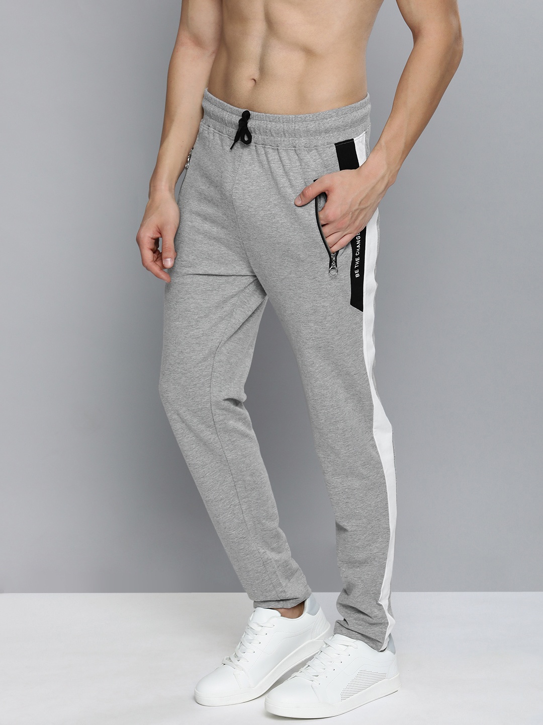 

HERE&NOW Men Powder Grey Colourblocked Mid Rise Casual Track Pants