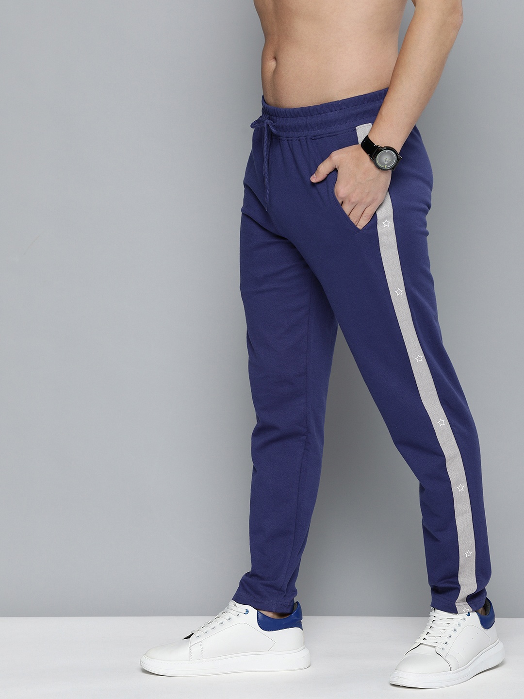 

HERE&NOW Men Navy Blue Solid Side Striped Track Pants