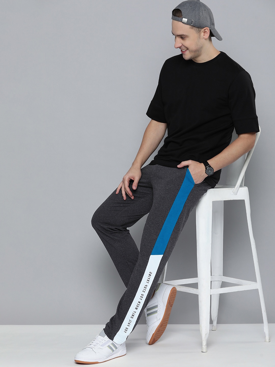 

HERE&NOW Men Charcoal & White Colourblocked Track Pants