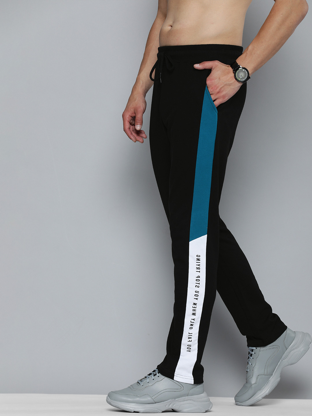 

HERE&NOW Men Black & Teal Blue Colourblocked Track Pants