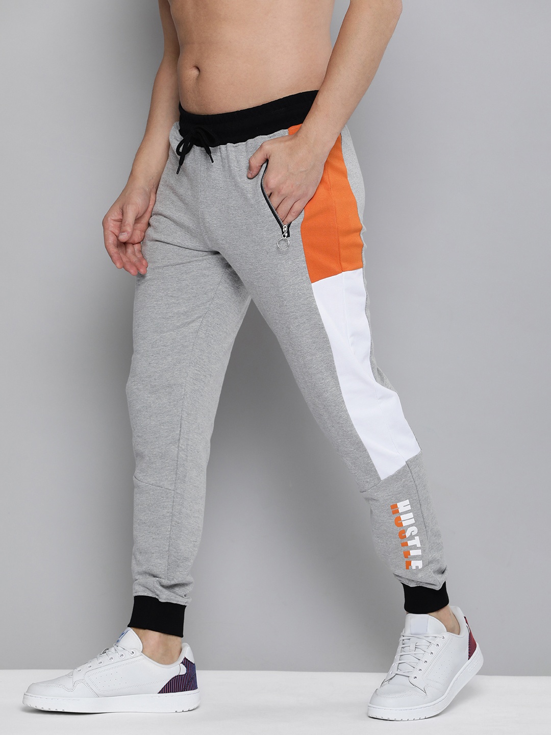 

HERE&NOW Men Grey & Orange Colourblocked Pure Cotton Joggers