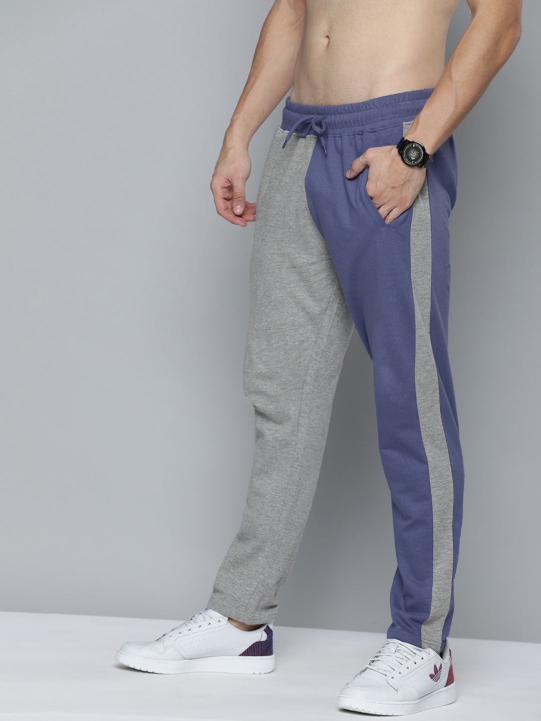 

HERE&NOW Men Grey Melange & Blue Colourblocked Track Pants