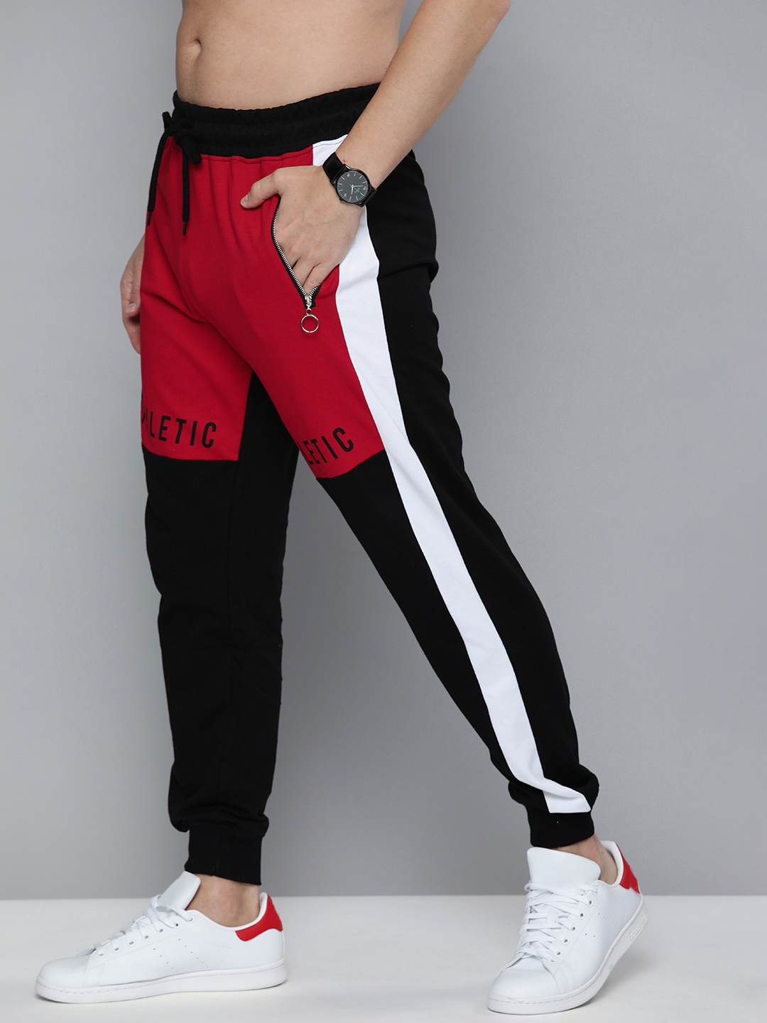 

HERE&NOW Men Black & Red Colourblocked Track Pants