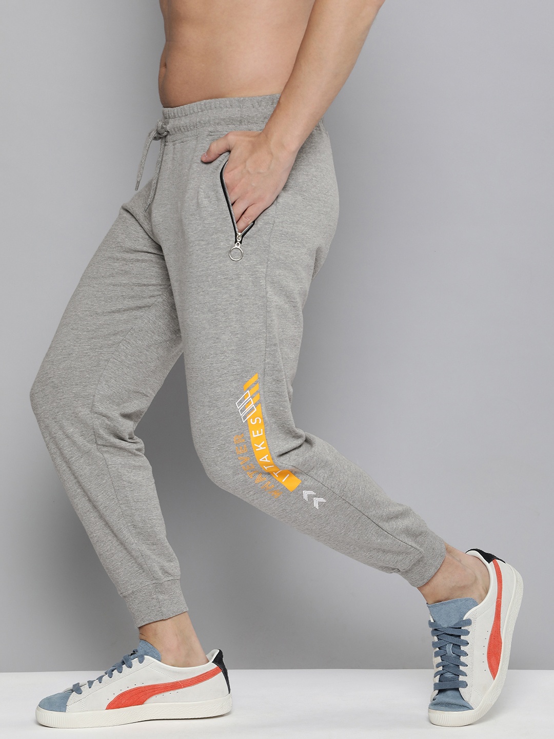 

HERE&NOW Men Grey Melange Solid Joggers with Printed Detailing