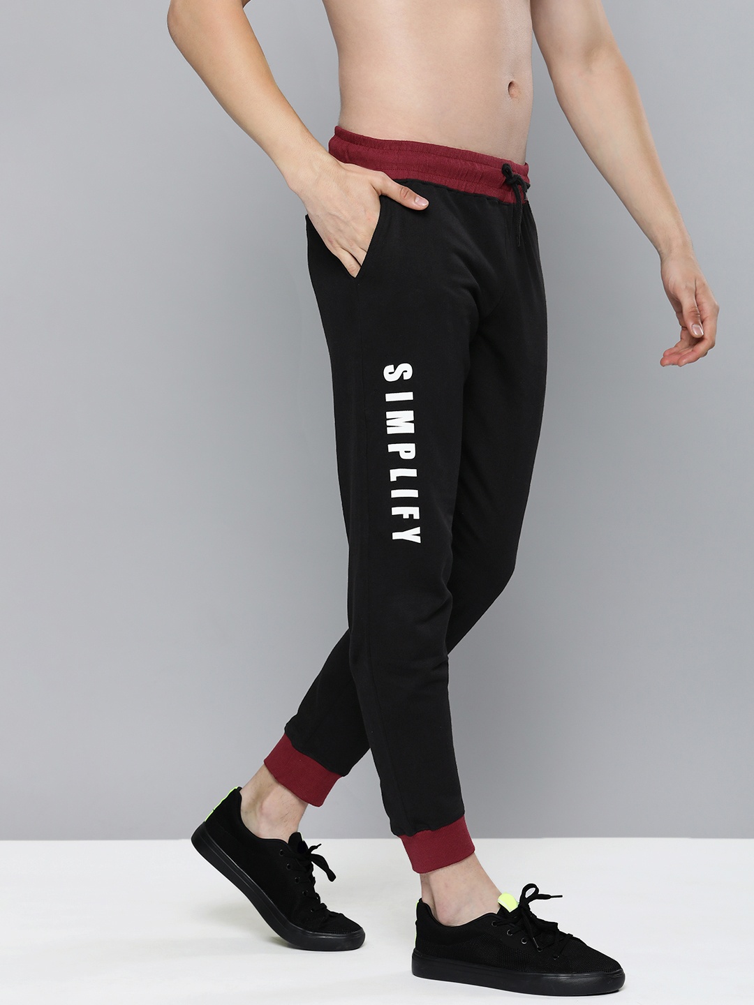 

HERE&NOW Men Powder Black & Wine Colourblocked Mid Rise Casual Joggers Track Pants