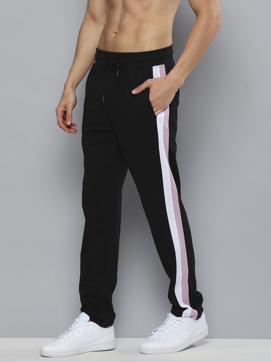 

HERE&NOW Men Black & White Colourblocked Track Pants