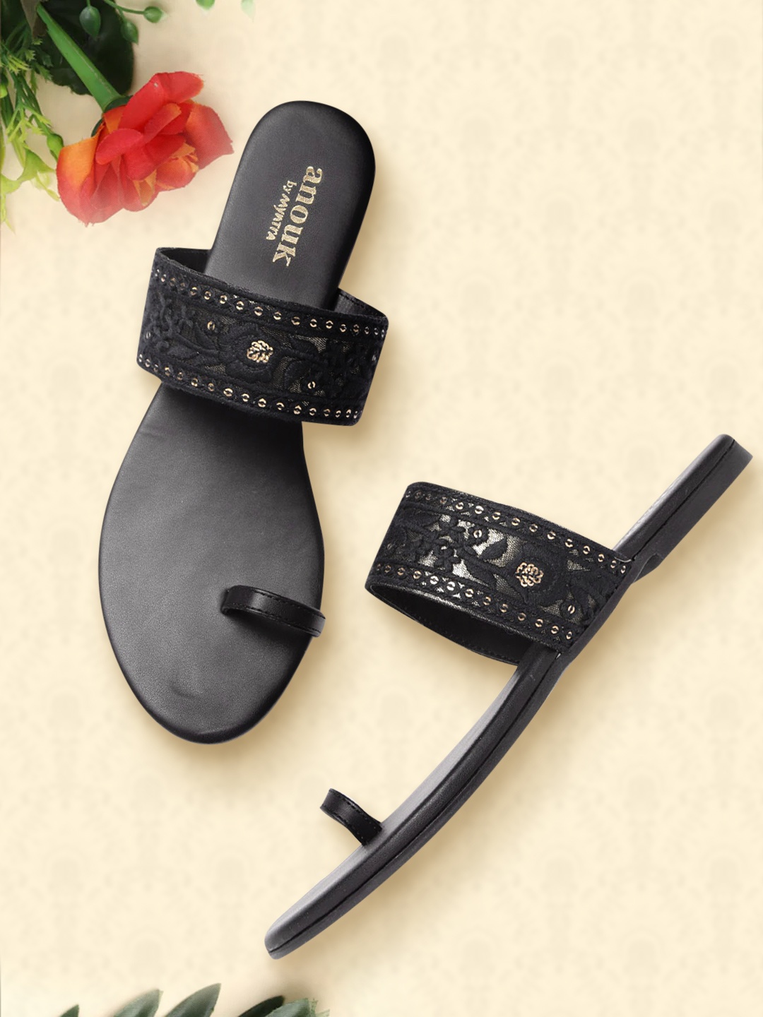 

Anouk Women Navy Blue & Gold-Toned Ethnic Embellished One Toe Flats