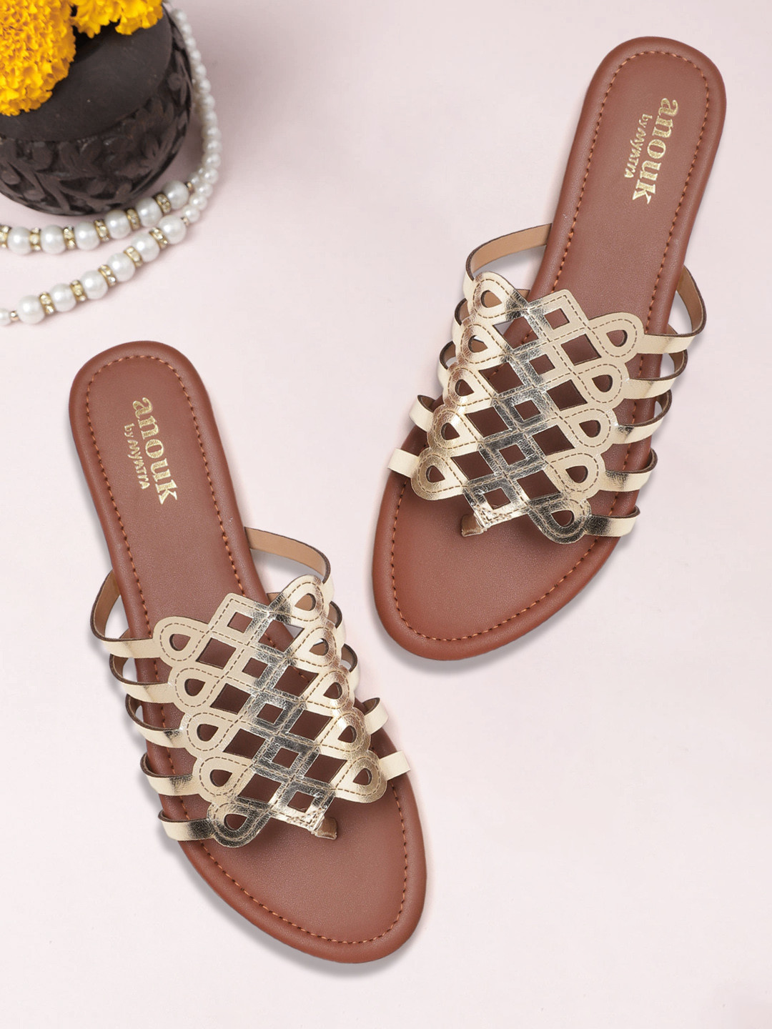 

Anouk Women Gold-Toned Textured Open Toe Flats