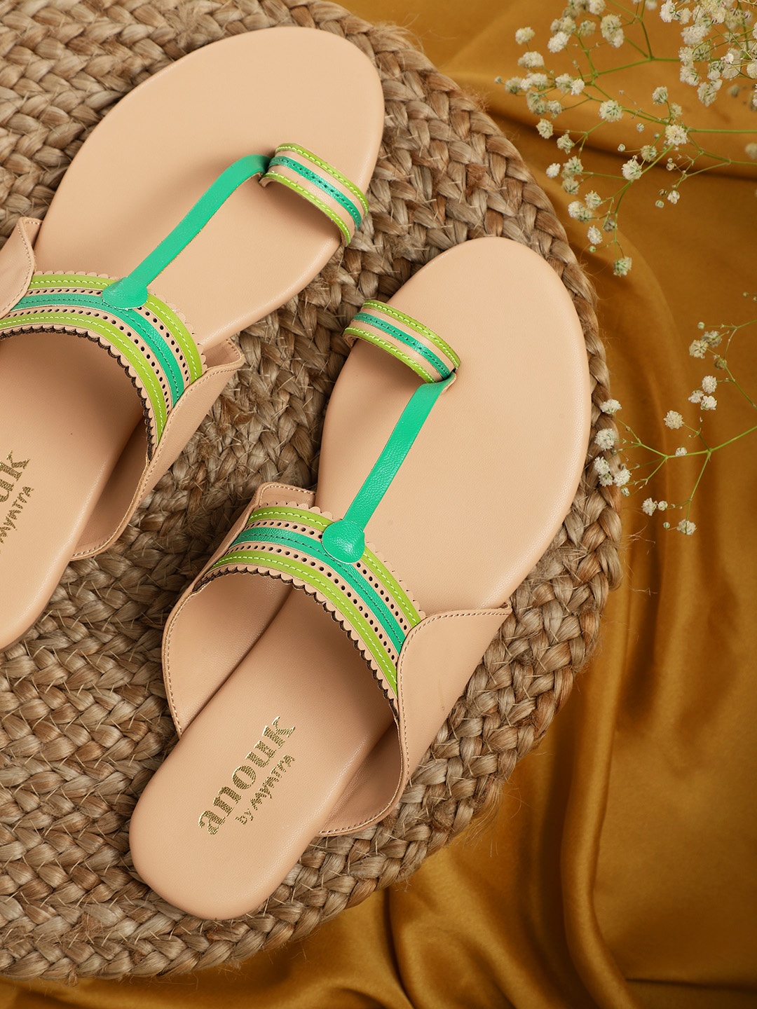 

Anouk Women Beige & Green Striped One Toe Flats