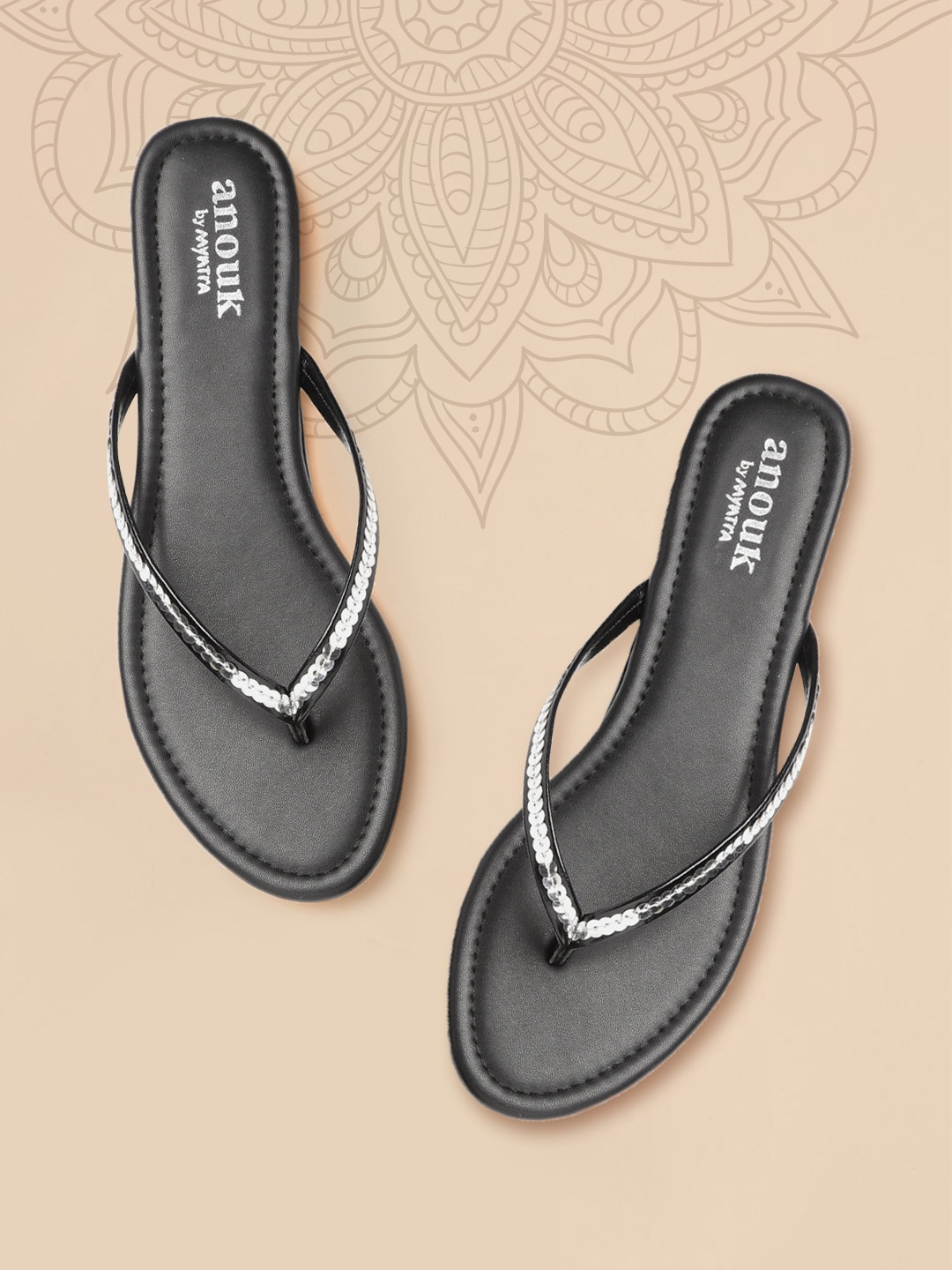

Anouk Women Black Sequence Embellished Open Toe Flats