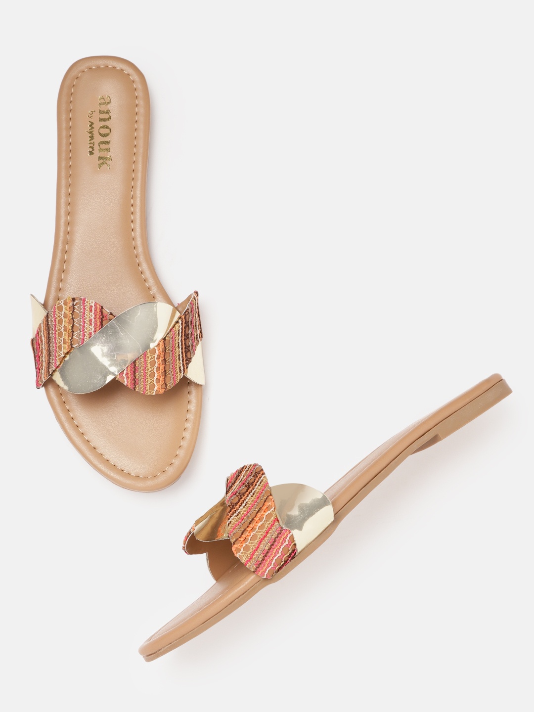 

Anouk Women Beige & Gold-Toned Thread Textured Open Toe Flats