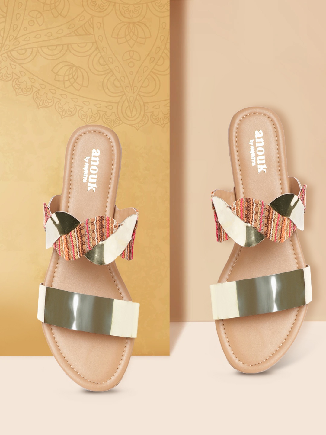 

Anouk Women Gold-Toned & Pink Woven Design Handcrafted Open Toe Flats