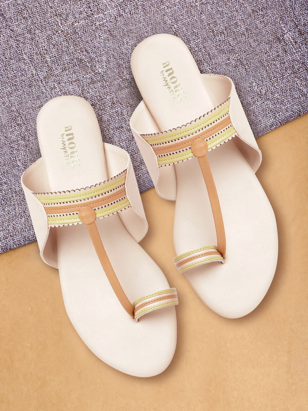 

Anouk Women Cream-Coloured & Beige Laser Cut Open Toe Flats