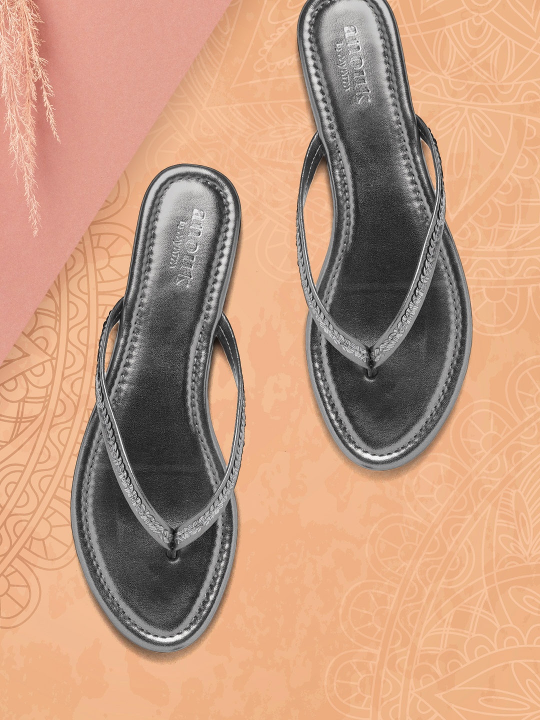 

Anouk Women Gunmetal-Toned Sequinned Open Toe Flats, Metallic
